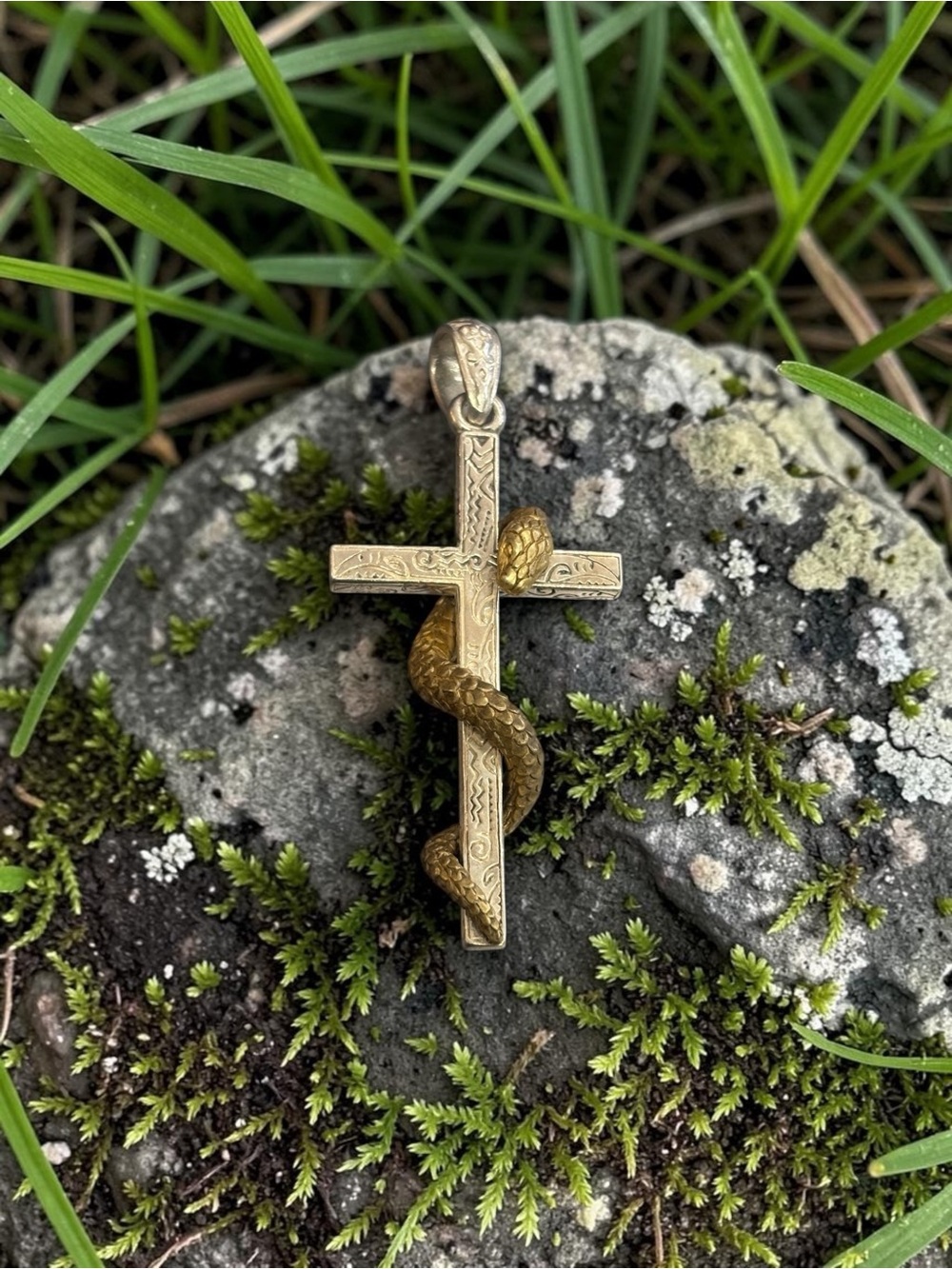 Sterling Silver and‎ Brass Snake Cross Pendant Necklace - Reptile Style Jewelry